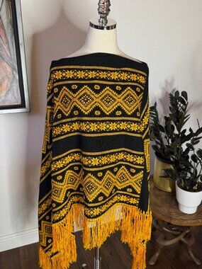 ✨ Stunning Vintage 1970s Woven Folk Poncho — Black & Marigold Gold Fringe